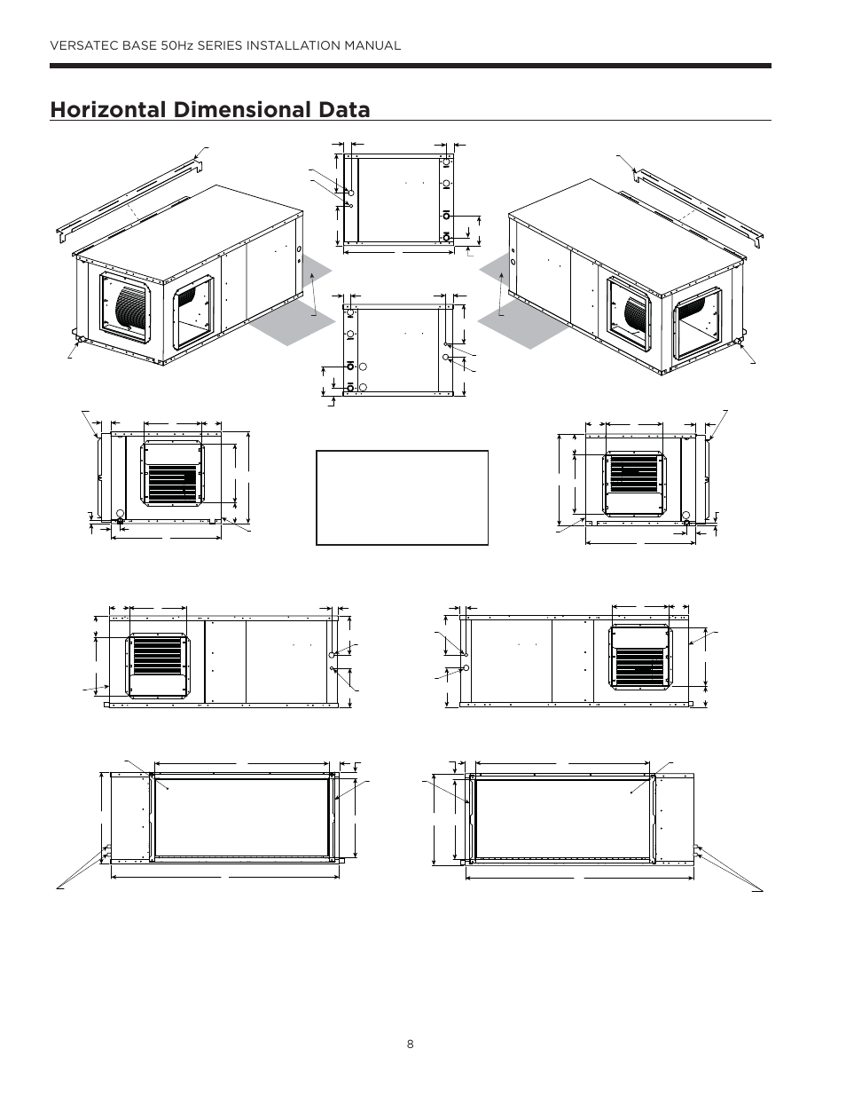 Horizontal dimensional data, Versatec base 50hz series installation manual | WaterFurnace Versatec Base User Manual | Page 8 / 55
