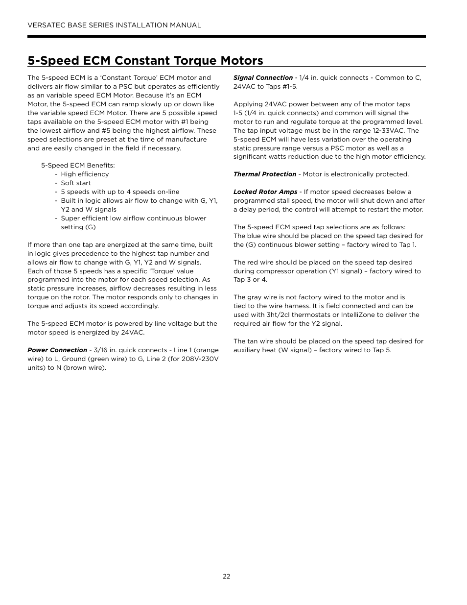 Speed ecm constant torque motors | WaterFurnace Versatec Base User Manual | Page 22 / 56