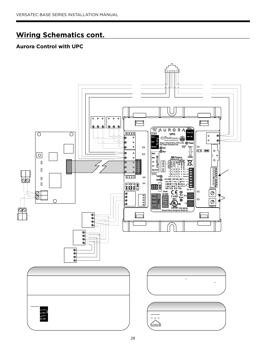 Wiring schematics cont, Aurora control with upc, Zs sensor information | Legend, Versatec base series installation manual, Lon oc | WaterFurnace Versatec Base User Manual | Page 28 / 56