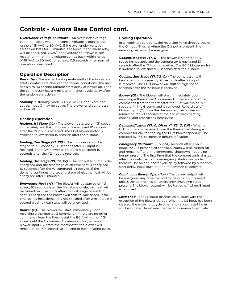 Controls - aurora base control cont, Operation description | WaterFurnace Versatec Base User Manual | Page 31 / 56