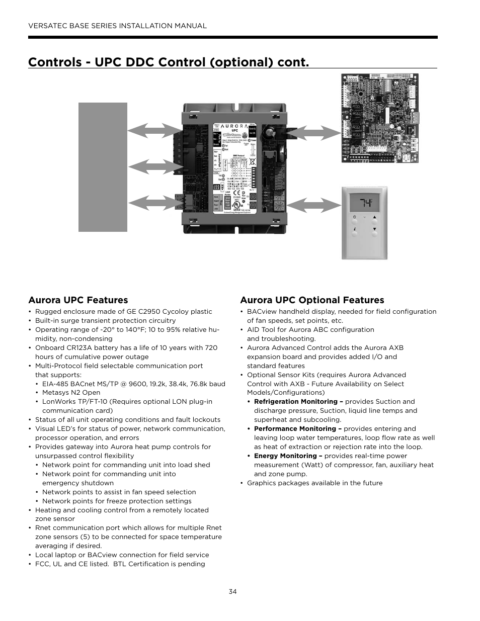 Controls - upc ddc control (optional) cont, Aurora upc features, Aurora upc optional features | WaterFurnace Versatec Base User Manual | Page 34 / 56