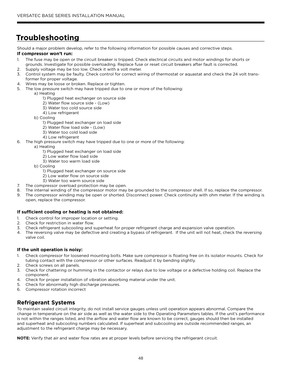 Troubleshooting, Refrigerant systems | WaterFurnace Versatec Base User Manual | Page 48 / 56