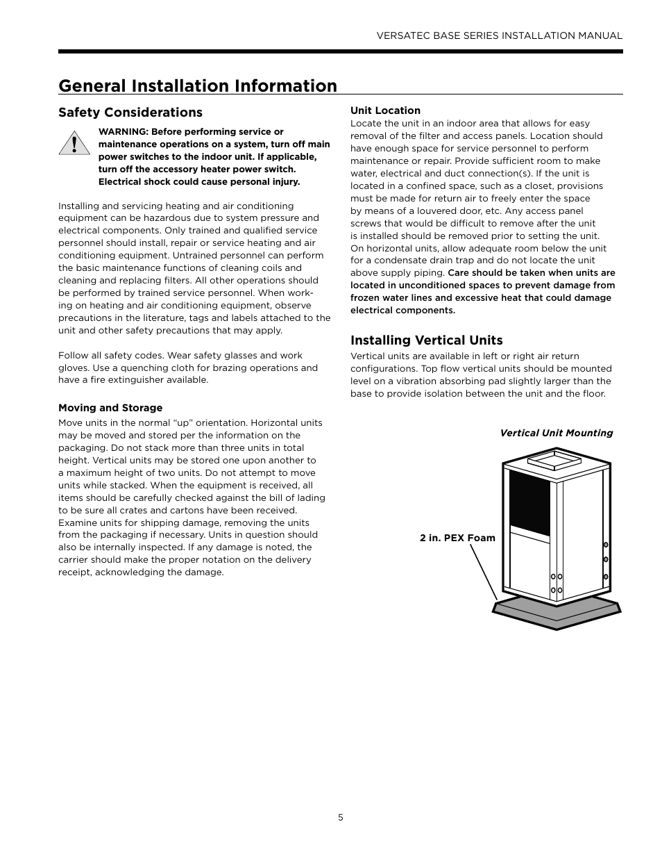 General installation information, Safety considerations, Installing vertical units | WaterFurnace Versatec Base User Manual | Page 5 / 56