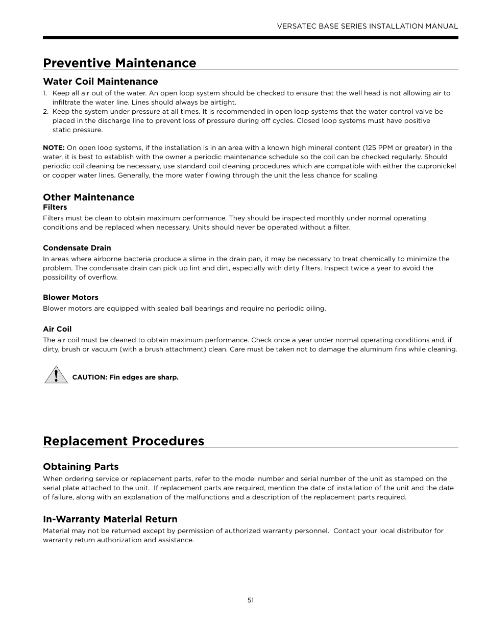 Preventive maintenance, Replacement procedures, Water coil maintenance | Other maintenance, Obtaining parts, In-warranty material return | WaterFurnace Versatec Base User Manual | Page 51 / 56
