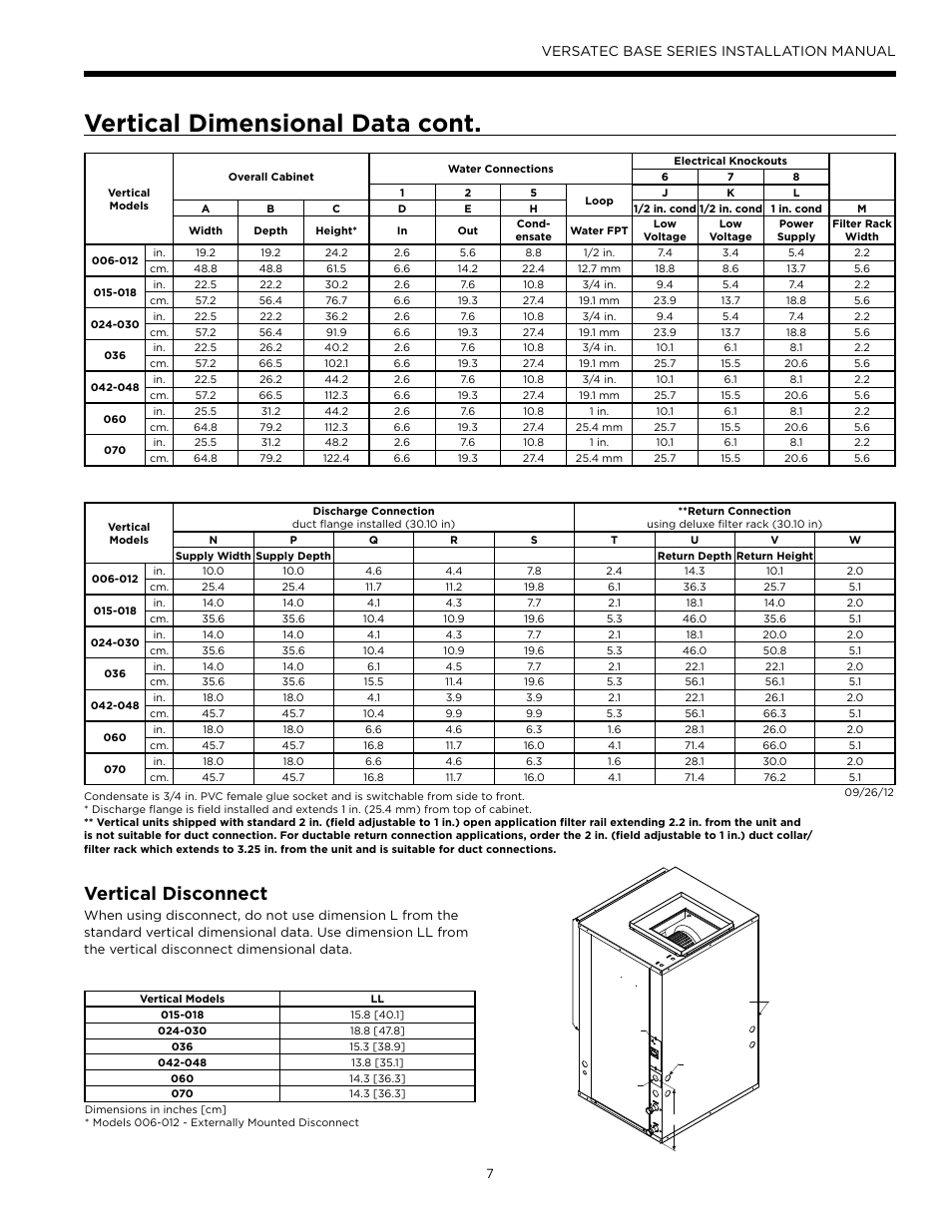 Vertical dimensional data cont, Vertical disconnect, Versatec base series installation manual | WaterFurnace Versatec Base User Manual | Page 7 / 56
