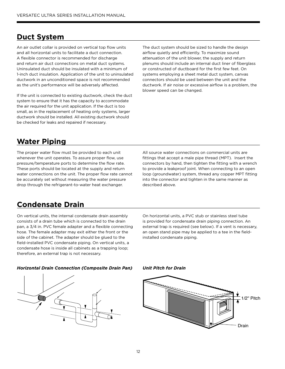 Duct system, Water piping, Condensate drain | Duct system water piping | WaterFurnace Versatec Ultra User Manual | Page 12 / 60