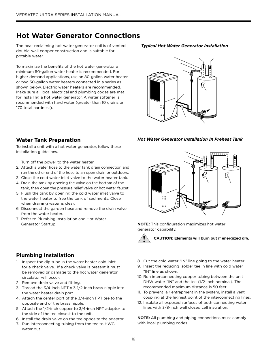 Hot water generator connections, Water tank preparation, Plumbing installation | WaterFurnace Versatec Ultra User Manual | Page 16 / 60