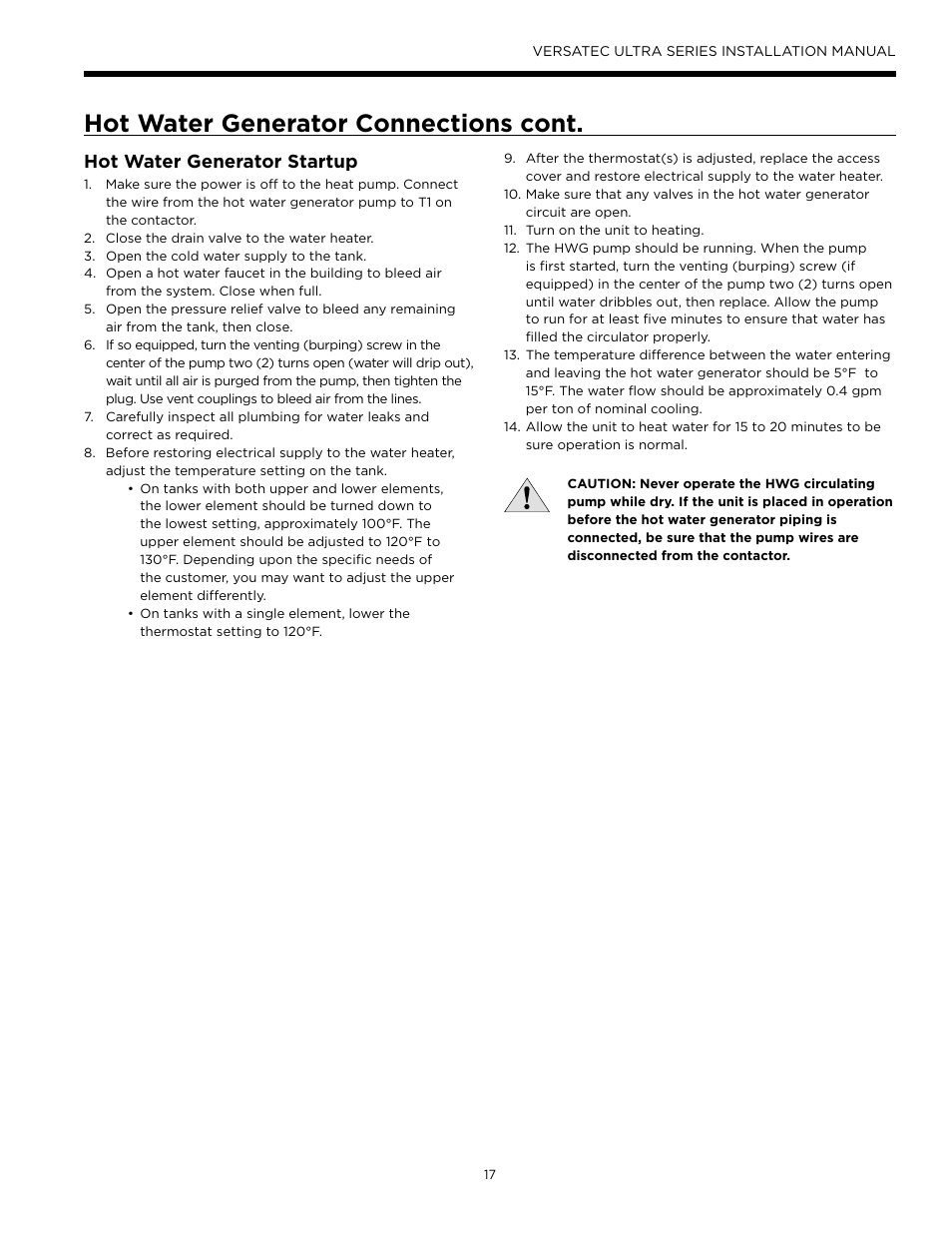 Hot water generator connections cont, Hot water generator startup | WaterFurnace Versatec Ultra User Manual | Page 17 / 60