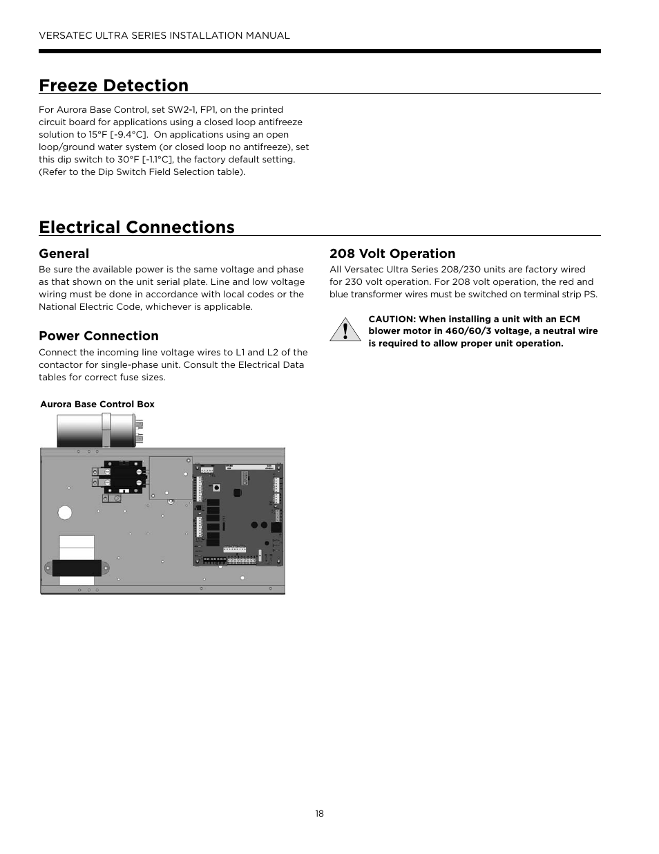 Freeze detection, Electrical connections, General | Power connection, 208 volt operation | WaterFurnace Versatec Ultra User Manual | Page 18 / 60