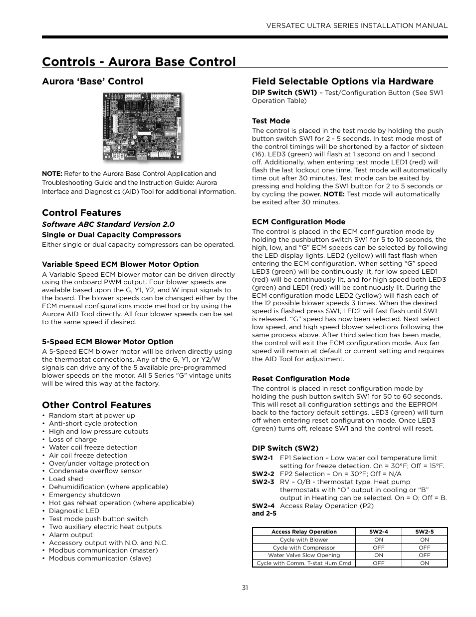 Controls - aurora base control, Aurora ‘base’ control, Control features | Other control features, Field selectable options via hardware | WaterFurnace Versatec Ultra User Manual | Page 31 / 60