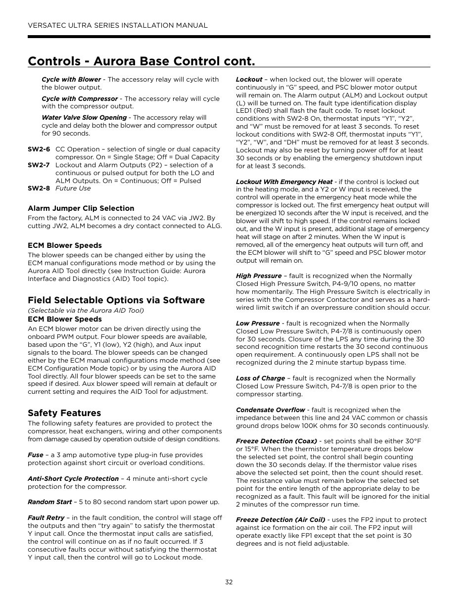 Controls - aurora base control cont, Field selectable options via software, Safety features | WaterFurnace Versatec Ultra User Manual | Page 32 / 60