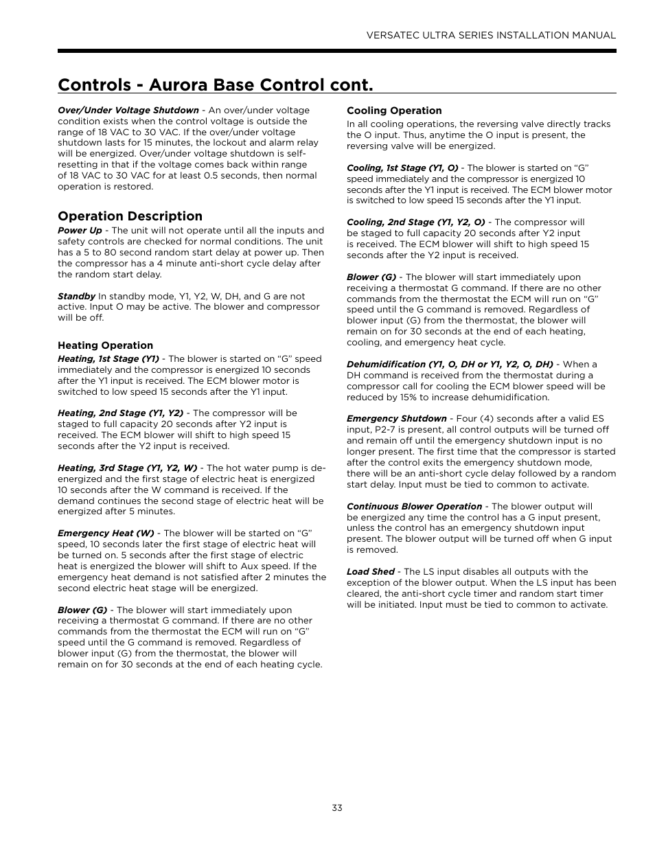 Controls - aurora base control cont, Operation description | WaterFurnace Versatec Ultra User Manual | Page 33 / 60