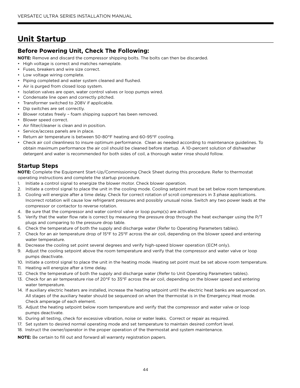 Unit startup, Startup steps, Before powering unit, check the following | WaterFurnace Versatec Ultra User Manual | Page 44 / 60