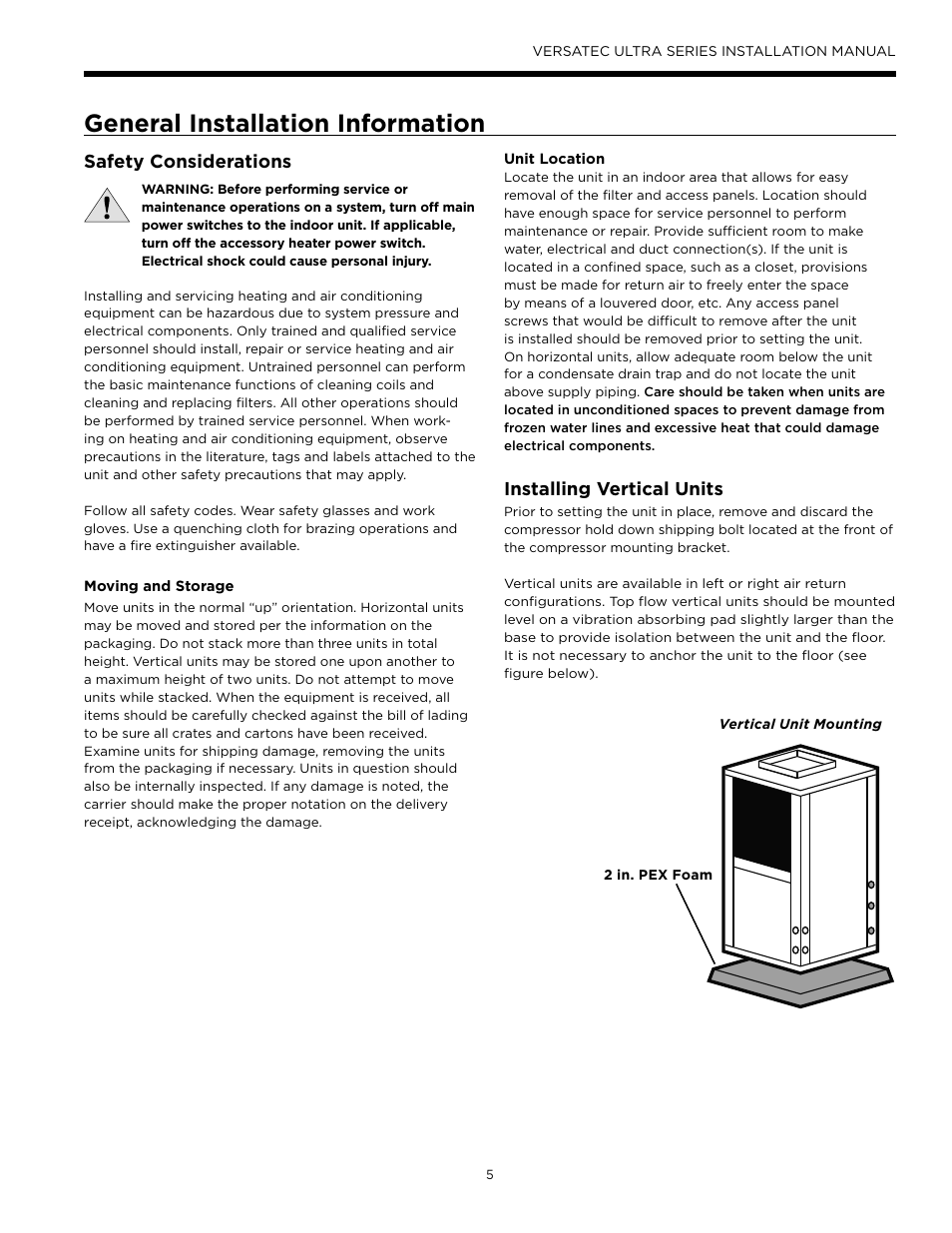General installation information, Safety considerations, Installing vertical units | WaterFurnace Versatec Ultra User Manual | Page 5 / 60