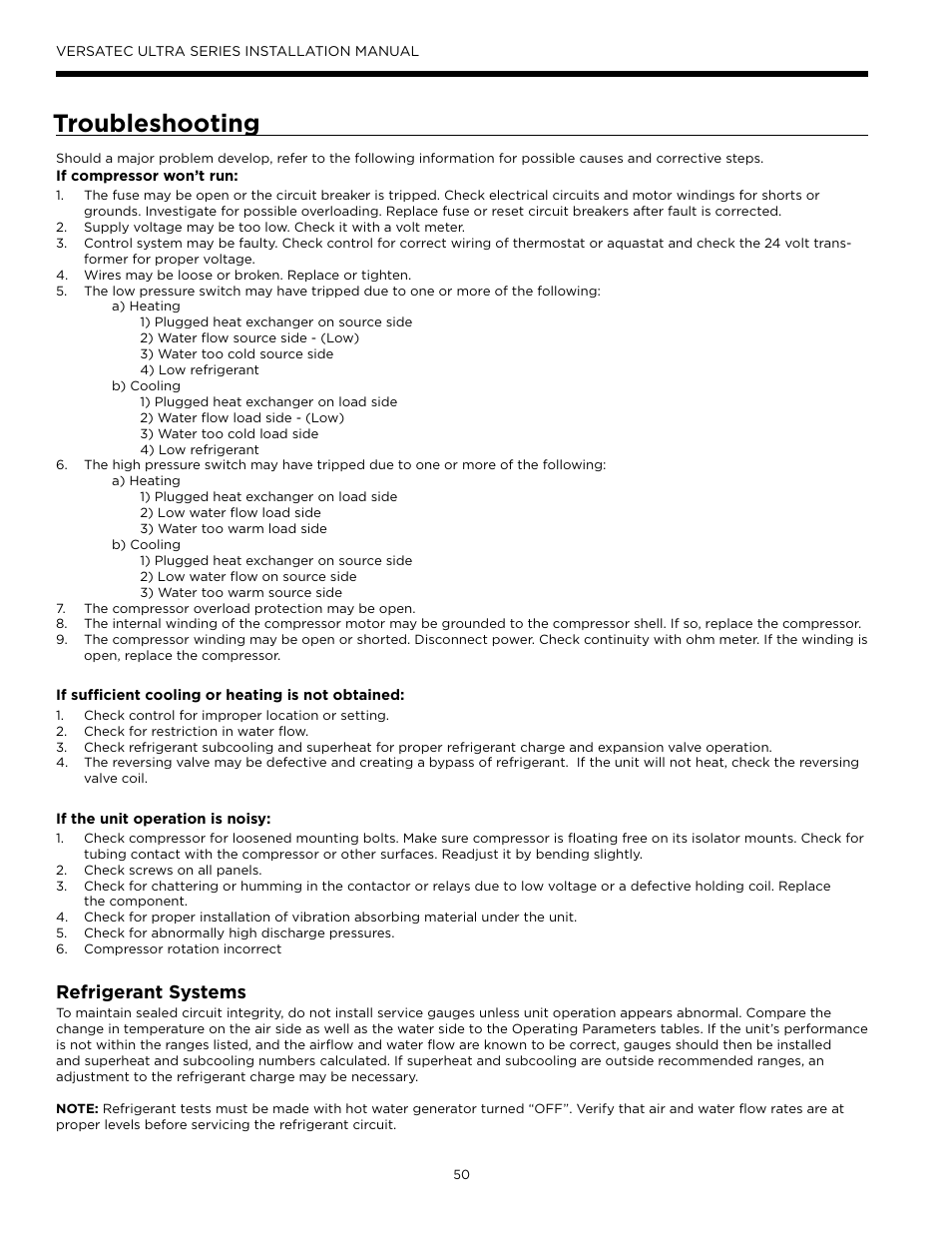 Troubleshooting, Refrigerant systems | WaterFurnace Versatec Ultra User Manual | Page 50 / 60