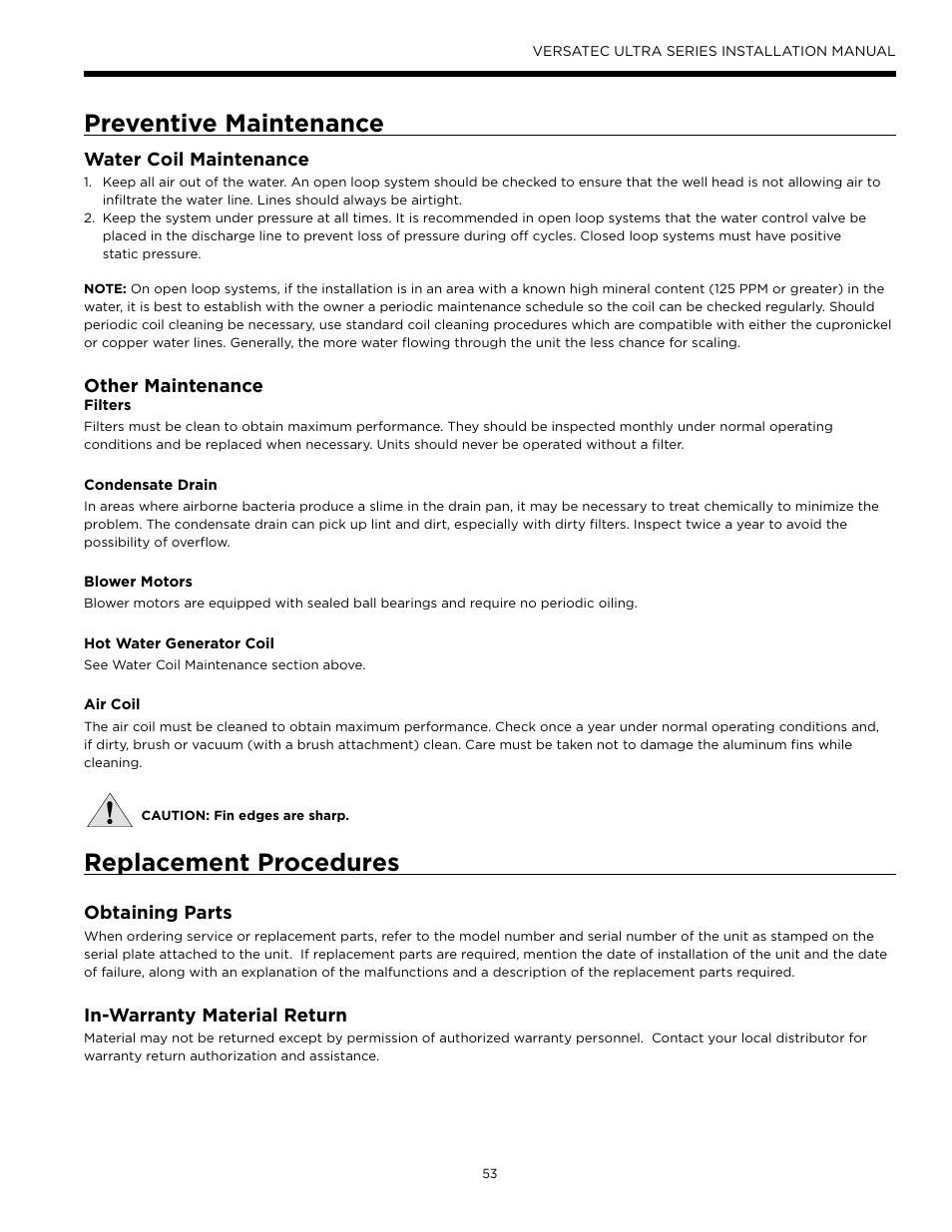 Preventive maintenance, Replacement procedures, Water coil maintenance | Other maintenance, Obtaining parts, In-warranty material return | WaterFurnace Versatec Ultra User Manual | Page 53 / 60