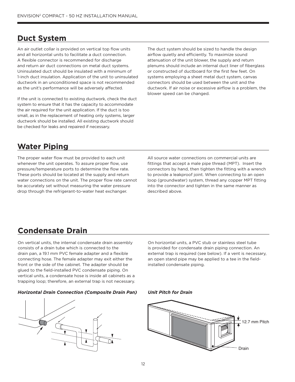 Duct system, Water piping, Condensate drain | Duct system water piping | WaterFurnace Envision2 User Manual | Page 12 / 54