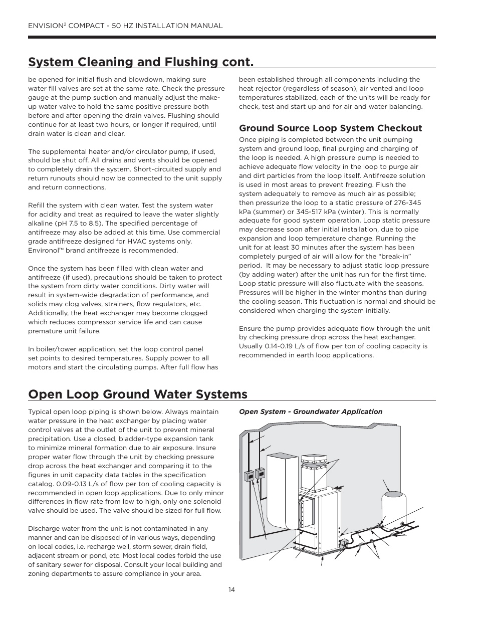 Open loop ground water systems, Ground source loop system checkout | WaterFurnace Envision2 User Manual | Page 14 / 54