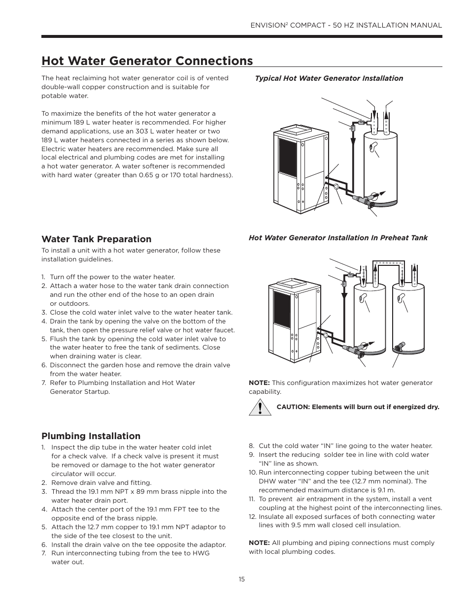 Hot water generator connections, Water tank preparation, Plumbing installation | WaterFurnace Envision2 User Manual | Page 15 / 54