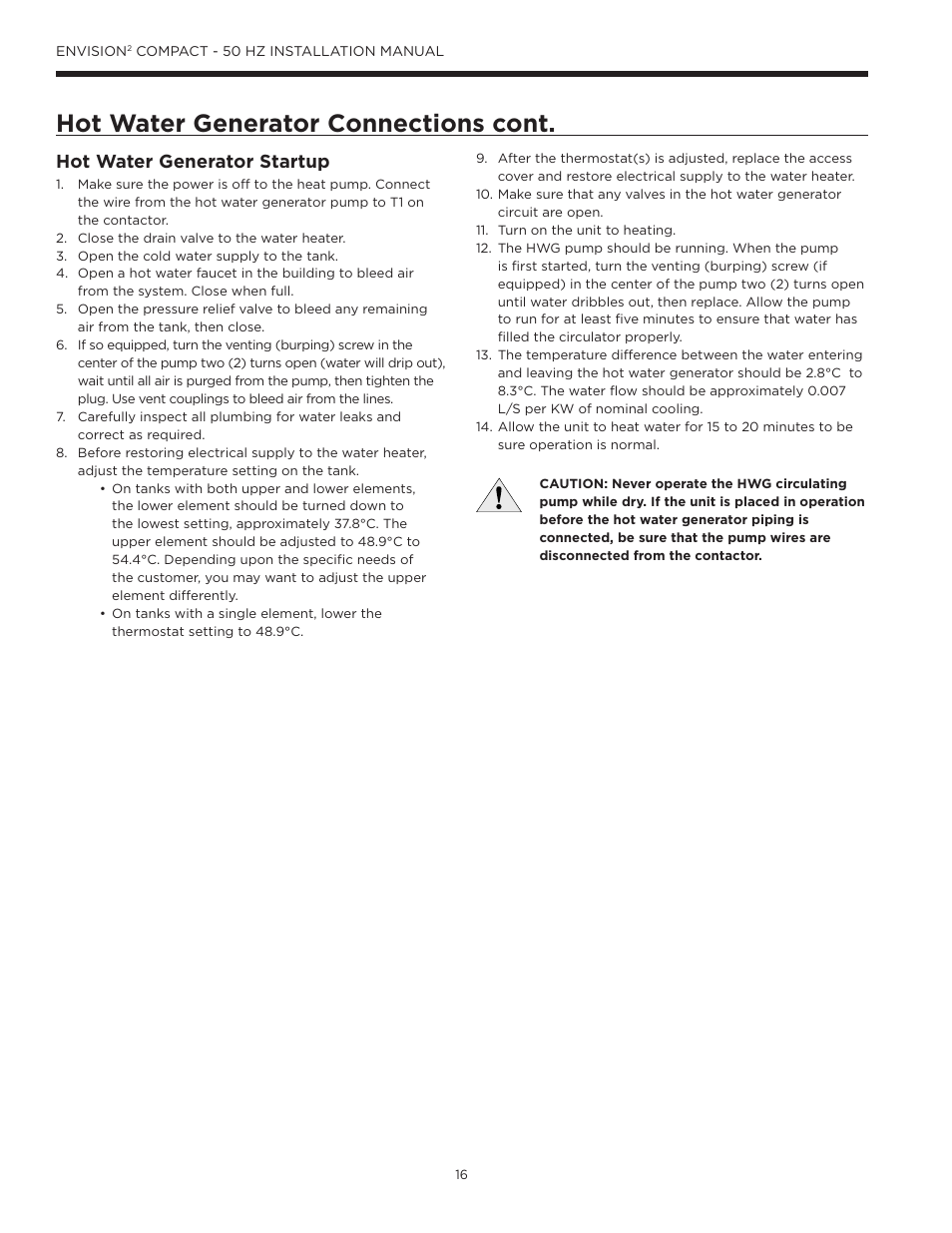 Hot water generator connections cont, Hot water generator startup | WaterFurnace Envision2 User Manual | Page 16 / 54