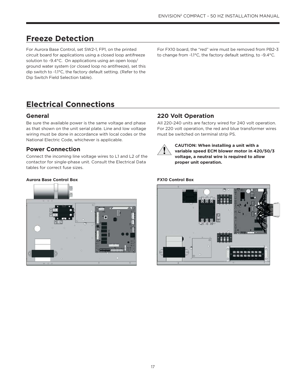 Freeze detection, Electrical connections, 220 volt operation | General, Power connection | WaterFurnace Envision2 User Manual | Page 17 / 54
