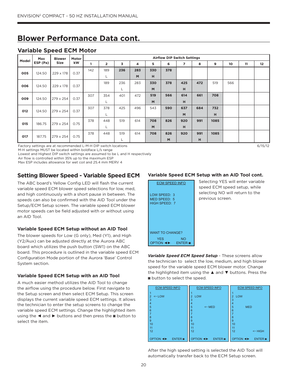 Blower performance data cont, Variable speed ecm motor, Setting blower speed - variable speed ecm | WaterFurnace Envision2 User Manual | Page 20 / 54