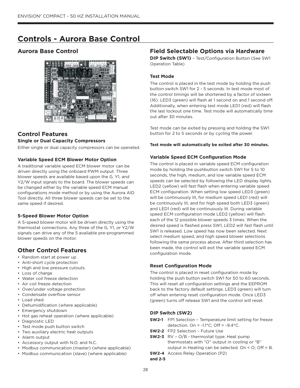 Controls - aurora base control, Aurora base control control features, Other control features | Field selectable options via hardware | WaterFurnace Envision2 User Manual | Page 28 / 54