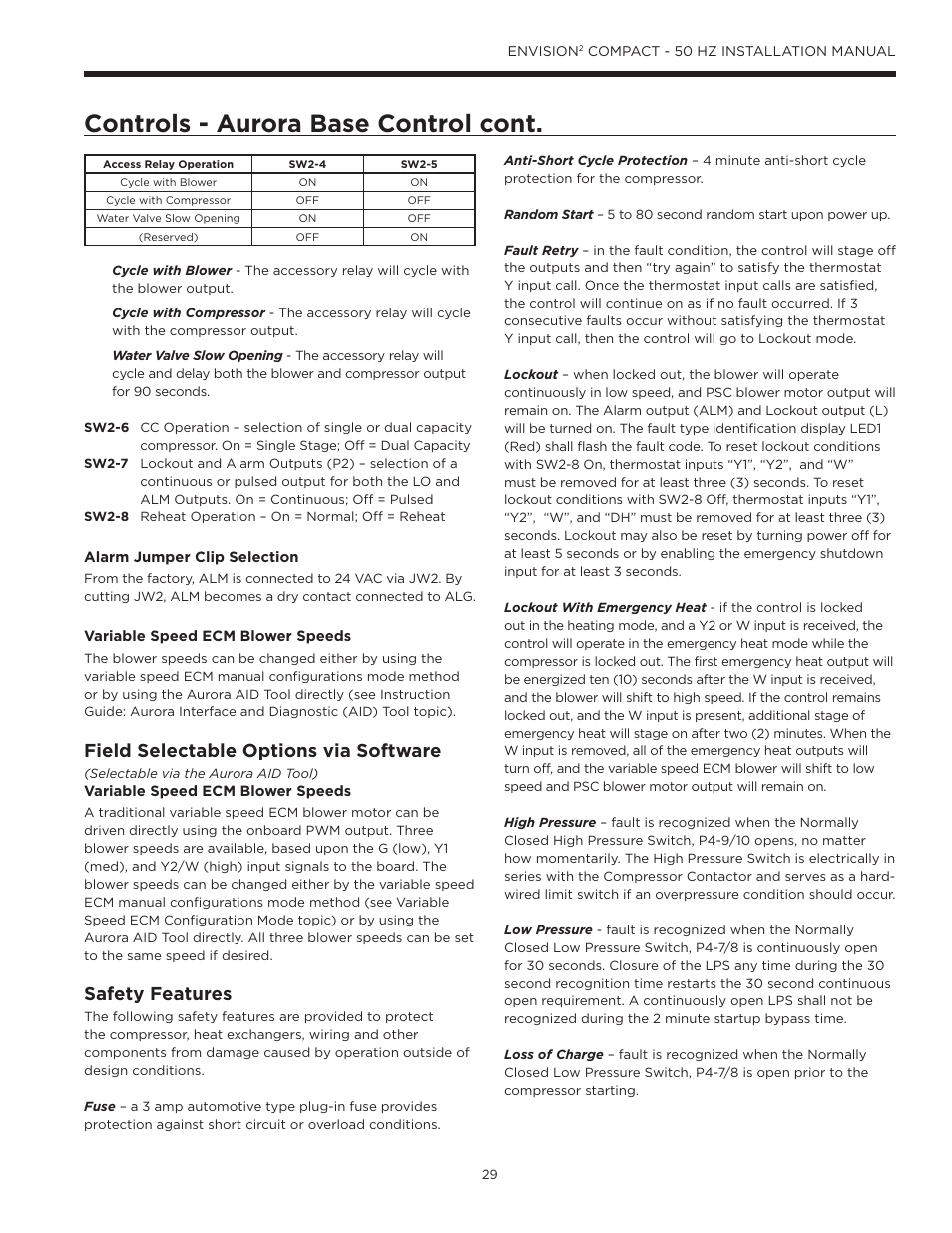 Controls - aurora base control cont, Field selectable options via software, Safety features | WaterFurnace Envision2 User Manual | Page 29 / 54