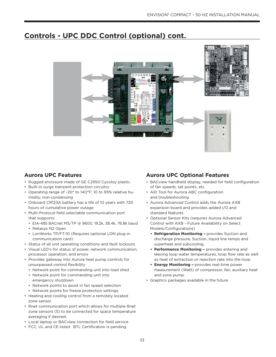 Controls - upc ddc control (optional) cont, Aurora upc features, Aurora upc optional features | WaterFurnace Envision2 User Manual | Page 33 / 54