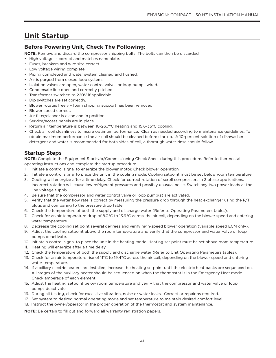 Unit startup, Startup steps, Before powering unit, check the following | WaterFurnace Envision2 User Manual | Page 41 / 54