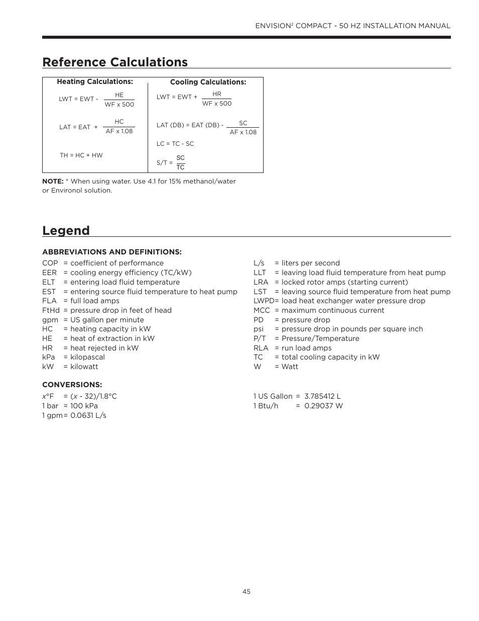 Reference calculations, Legend | WaterFurnace Envision2 User Manual | Page 45 / 54