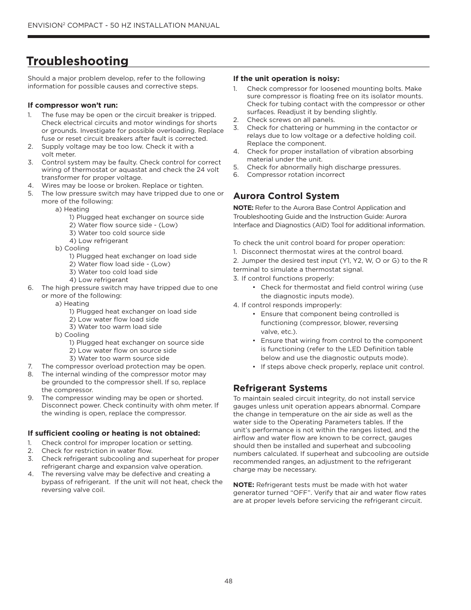 Troubleshooting, Aurora control system, Refrigerant systems | WaterFurnace Envision2 User Manual | Page 48 / 54