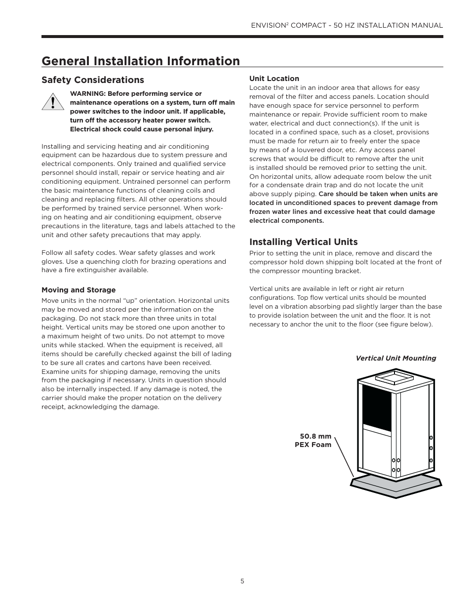 General installation information, Safety considerations, Installing vertical units | WaterFurnace Envision2 User Manual | Page 5 / 54