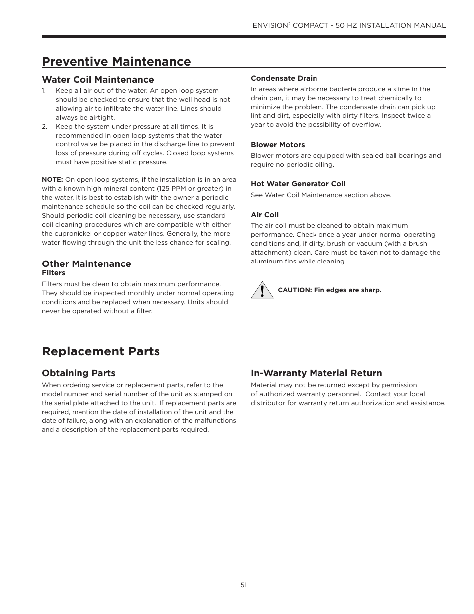 Replacement parts, Preventive maintenance replacement parts, Water coil maintenance | Other maintenance, Obtaining parts, In-warranty material return | WaterFurnace Envision2 User Manual | Page 51 / 54