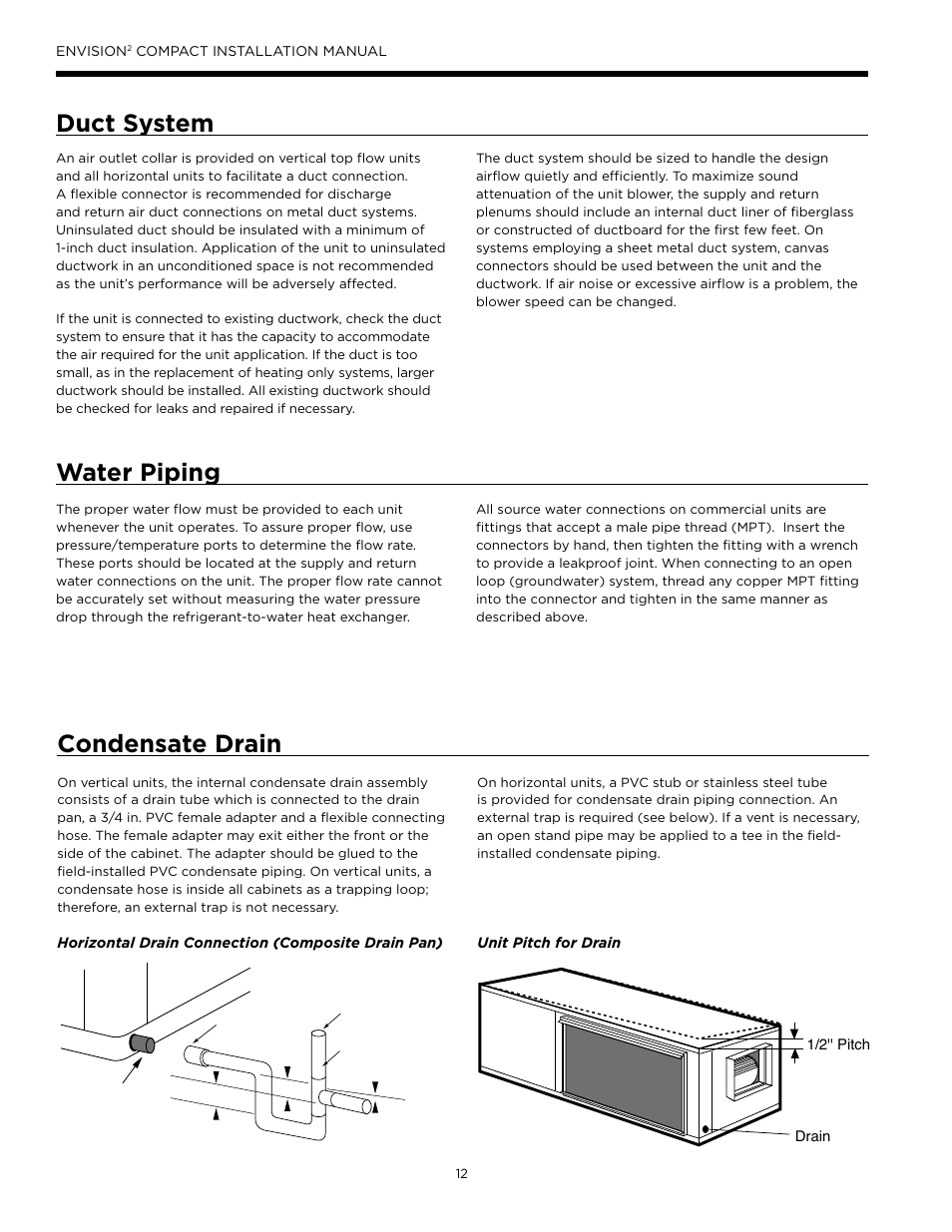 Duct system, Water piping, Condensate drain | Duct system water piping | WaterFurnace Envision2 User Manual | Page 12 / 60