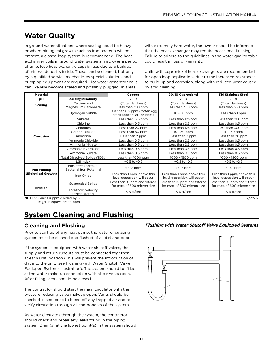 Water quality, System cleaning and flushing, Cleaning and flushing | WaterFurnace Envision2 User Manual | Page 13 / 60