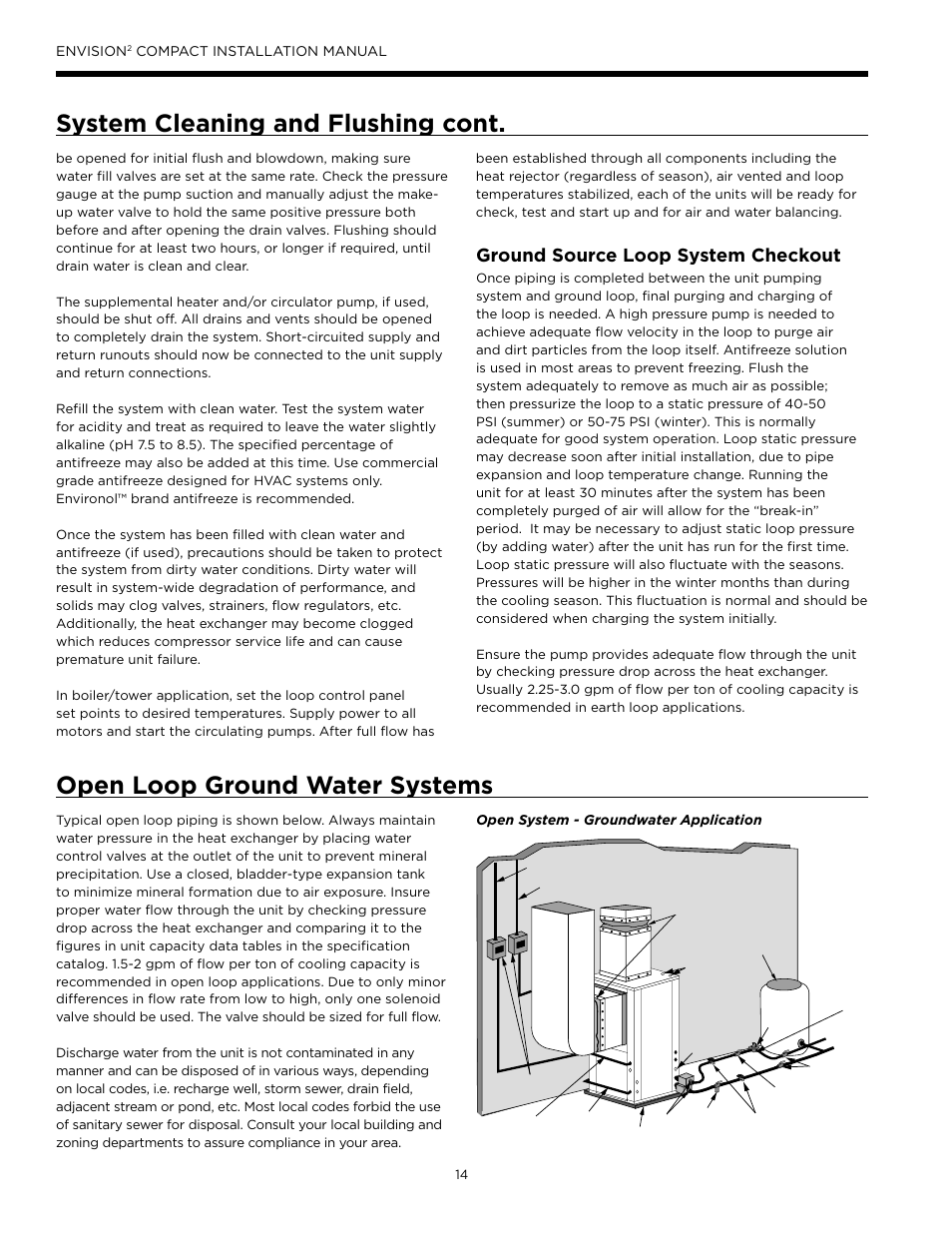 Ground source loop system checkout, Open loop ground water systems | WaterFurnace Envision2 User Manual | Page 14 / 60