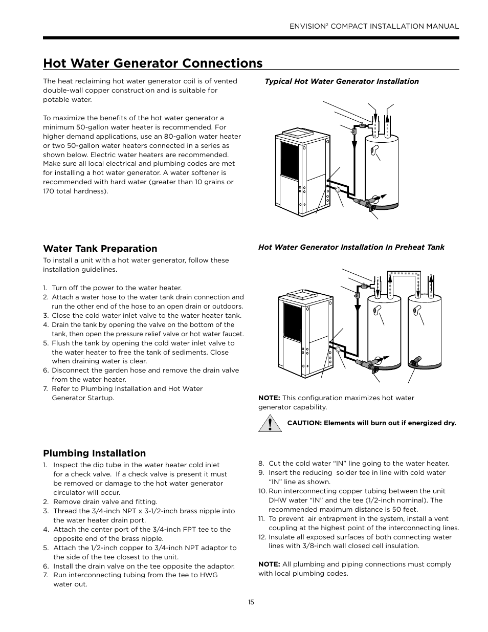 Hot water generator connections, Water tank preparation, Plumbing installation | WaterFurnace Envision2 User Manual | Page 15 / 60