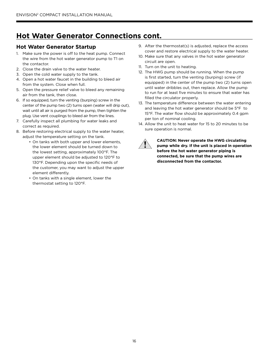 Hot water generator connections cont, Hot water generator startup | WaterFurnace Envision2 User Manual | Page 16 / 60