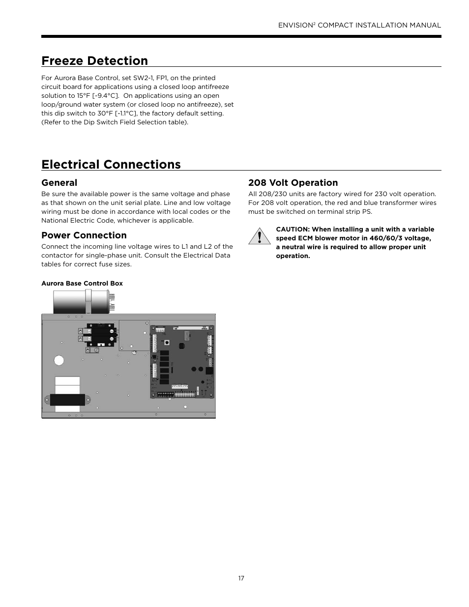 Freeze detection, Electrical connections, 208 volt operation | General, Power connection | WaterFurnace Envision2 User Manual | Page 17 / 60