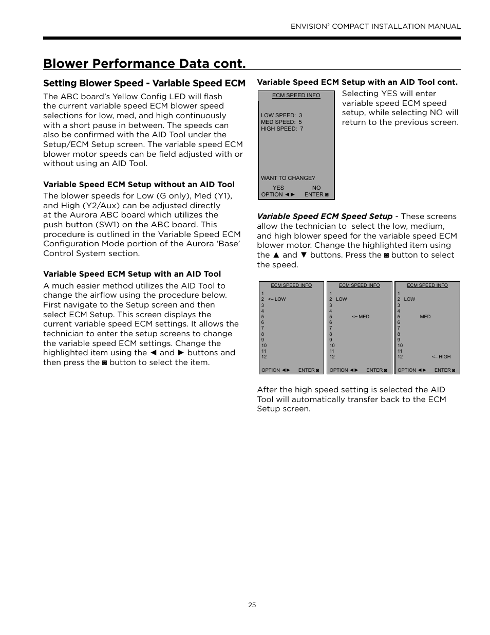 Blower performance data cont, Setting blower speed - variable speed ecm | WaterFurnace Envision2 User Manual | Page 25 / 60