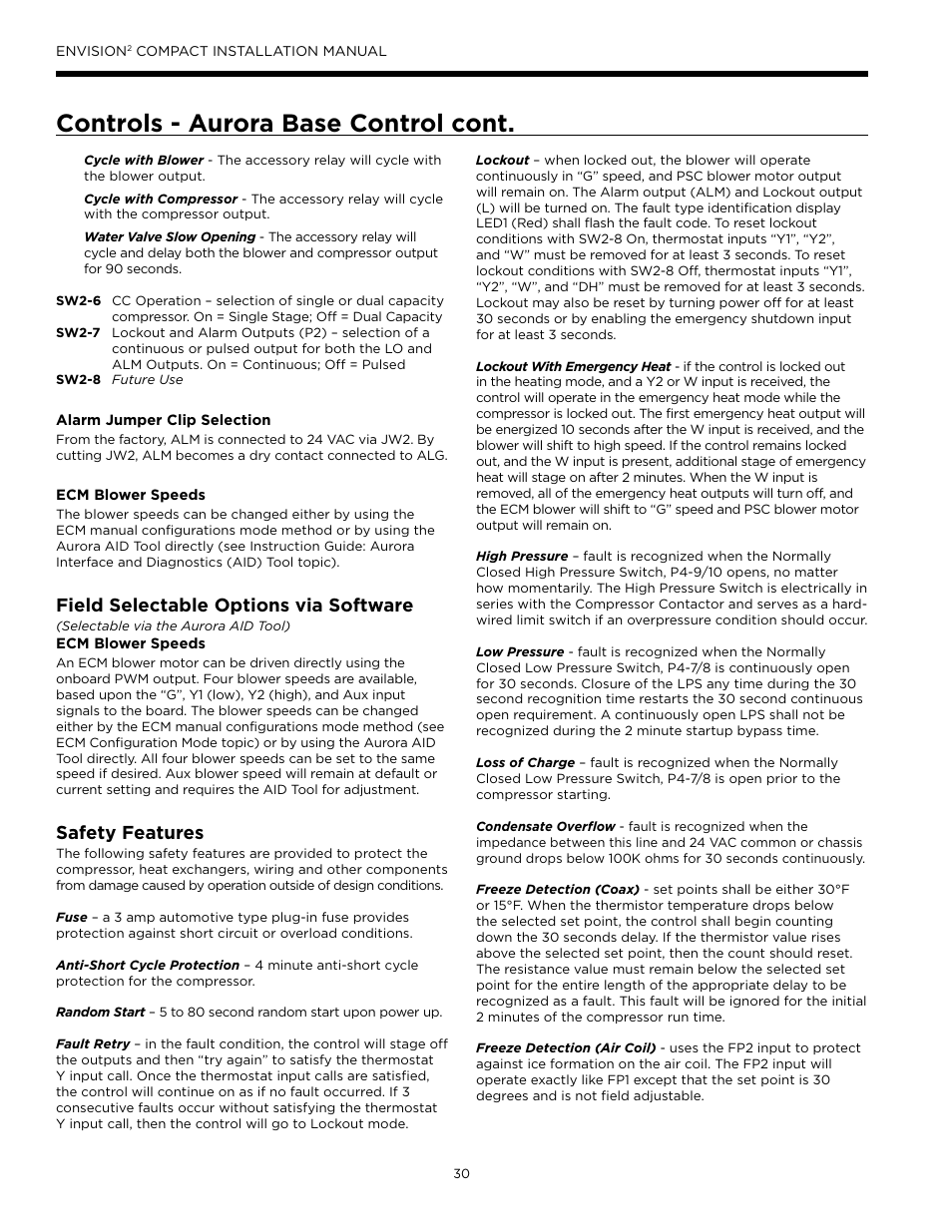 Controls - aurora base control cont, Field selectable options via software, Safety features | WaterFurnace Envision2 User Manual | Page 30 / 60