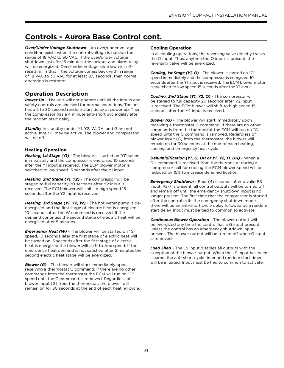 Controls - aurora base control cont, Operation description | WaterFurnace Envision2 User Manual | Page 31 / 60