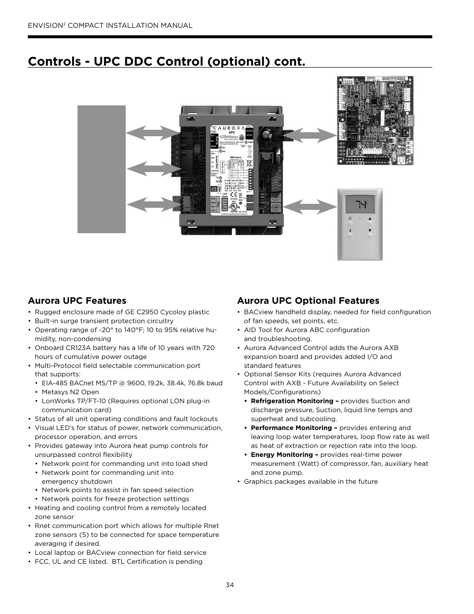 Controls - upc ddc control (optional) cont, Aurora upc features, Aurora upc optional features | WaterFurnace Envision2 User Manual | Page 34 / 60
