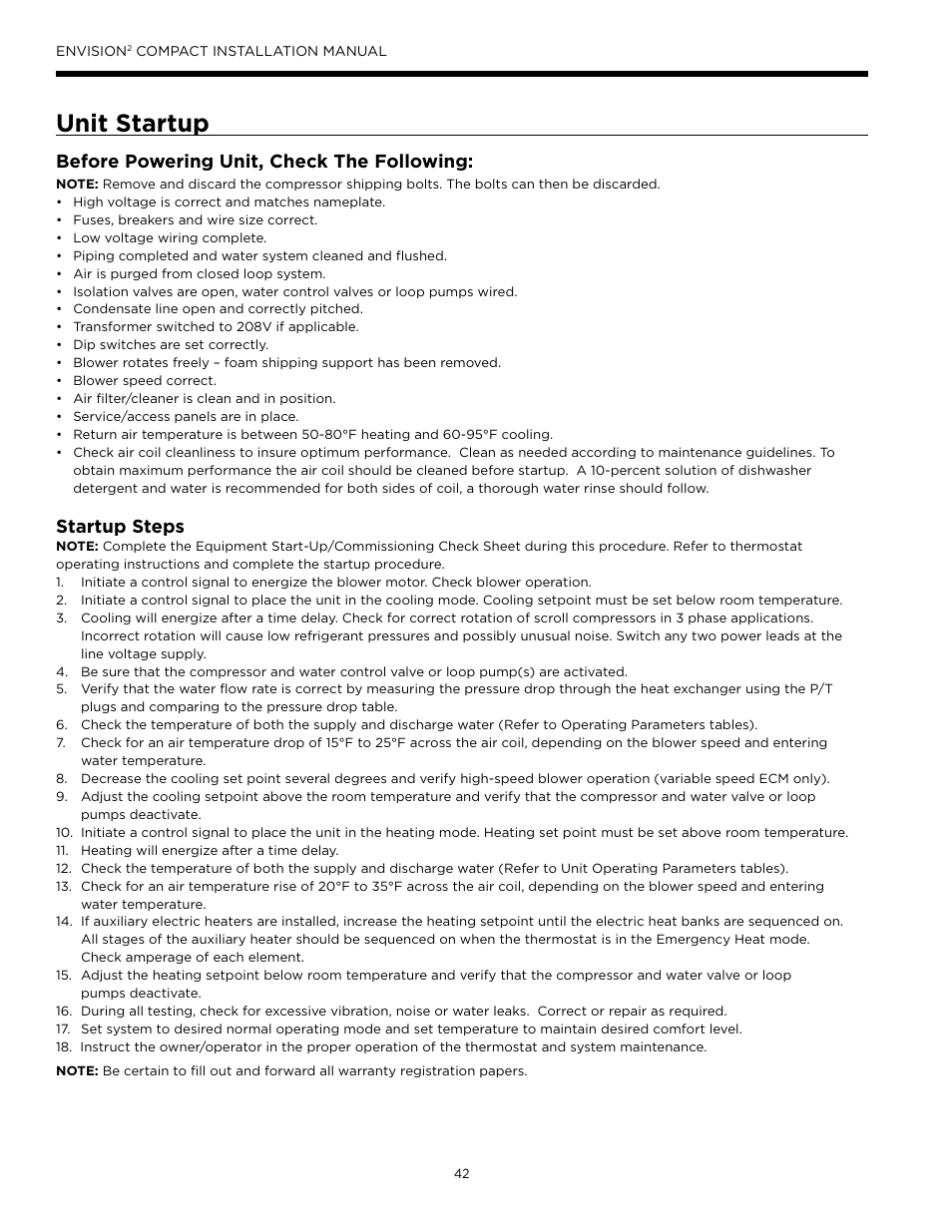 Unit startup, Startup steps, Before powering unit, check the following | WaterFurnace Envision2 User Manual | Page 42 / 60