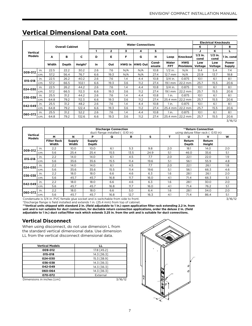 Vertical dimensional data cont, Vertical disconnect, Envision | Compact installation manual | WaterFurnace Envision2 User Manual | Page 7 / 60