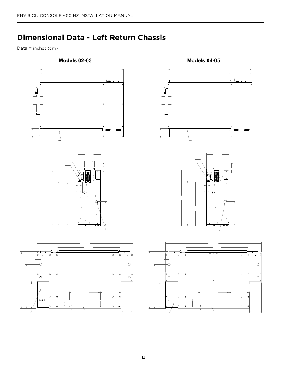 Dimensional data - left return chassis, Models 02-03, Models 04-05 | Envision console - 50 hz installation manual, Data = inches (cm) | WaterFurnace Envisio Series Console User Manual | Page 12 / 44