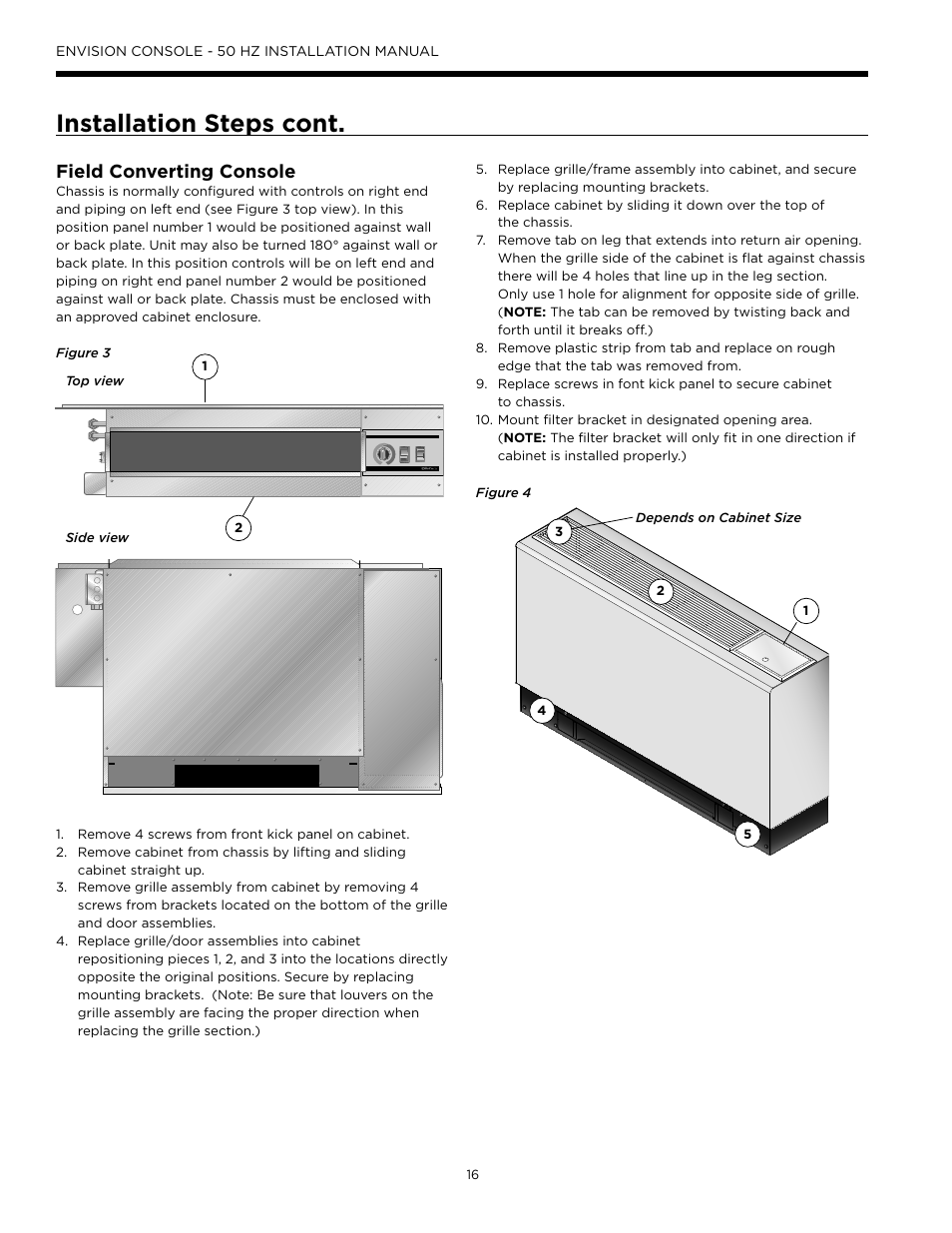 Installation steps cont, Field converting console | WaterFurnace Envisio Series Console User Manual | Page 16 / 44