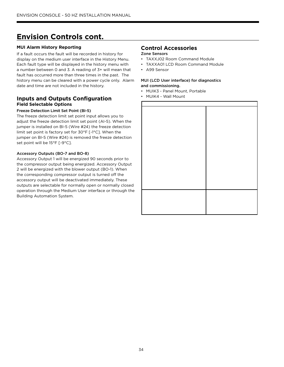 Envision controls cont, Inputs and outputs configuration, Control accessories | Field selectable options | WaterFurnace Envisio Series Console User Manual | Page 34 / 44