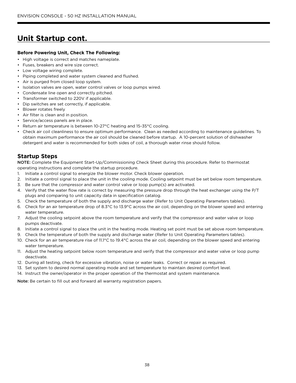 Unit startup cont, Startup steps | WaterFurnace Envisio Series Console User Manual | Page 38 / 44